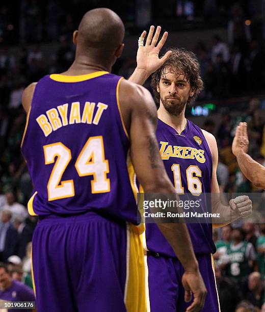 Kobe Bryant and Pau Gasol of the Los Angeles Lakers celebrate in the final moments of the Lakers' win over the Boston Celtics in Game Three of the...