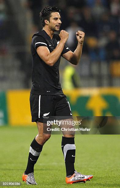 Rory Fallon of New Zeland celebrates after scoring the first goal during the International Friendly match between Slovenia and New Zealand at the...