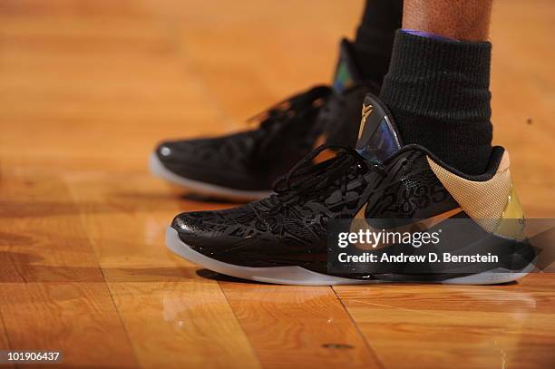 View of Kobe Bryant of the Los Angeles Lakers sneakers against the Boston Celtics in Game Three of the 2010 NBA Finals on June 8, 2010 at TD Garden...