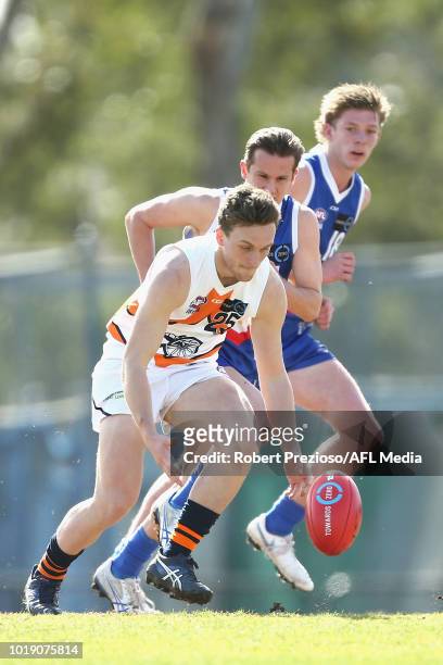 Jacob Martin of Calder Cannons gathers the ball during the TAC Cup round 15 match between Eastern Ranges and Calder Cannons at Avalon Airport Oval on...