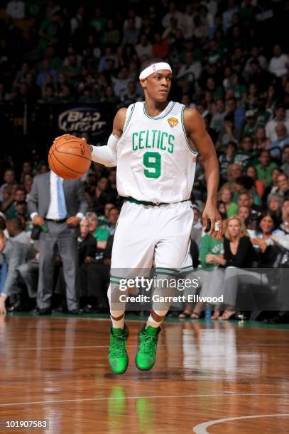 Rajon Rondo of the Boston Celtics dribbles during Game Three of the 2010 NBA Finals on June 8, 2010 at TD Garden in Boston, Massachusetts. NOTE TO...