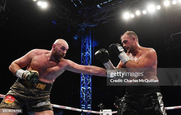 Tyson Fury and Francesco Pianeta during their 10-round heavyweight contest at Windsor Park on August 18, 2018 in Belfast, Northern Ireland.