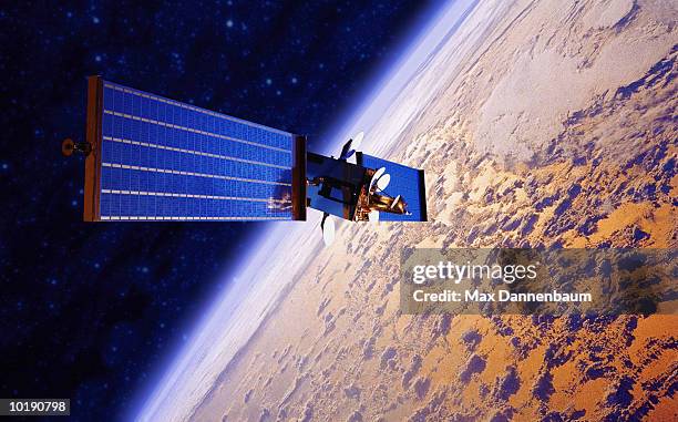 communication satellite orbiting planet (digital composite) - ruimtevaart voertuig stockfoto's en -beelden