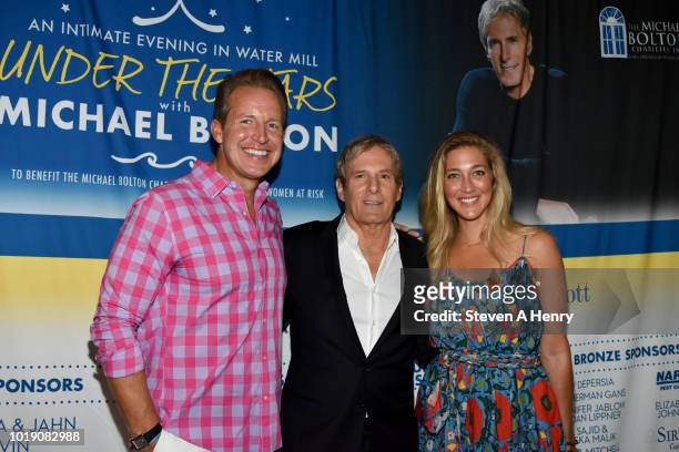 Chris Wragge, Michael Bolton and Sarah Siciliano attend "An Intimate Evening Under The Stars With Michael Bolton" on August 18, 2018 in Water Mill,...
