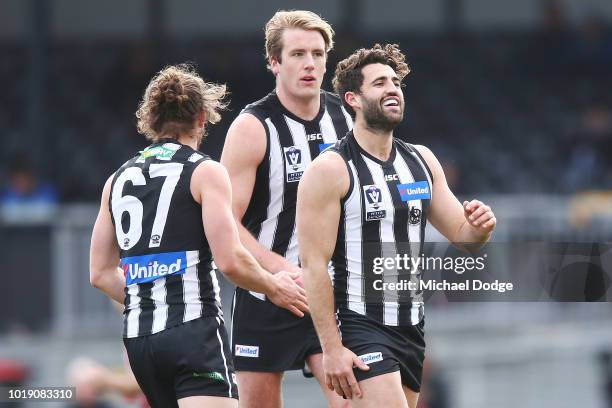 Alex Fasolo of the Magpies celebrates a goal during the round 20 VFL match between Collingwood and Frankston at Victoria Park on August 19, 2018 in...