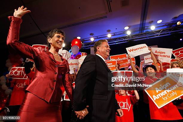 Senate candidate and former Hewlett-Packard CEO Carly Fiorina arrives with her husband Frank Fiorina to celebrate her primary win at the California...