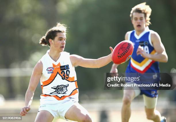 Luke Sultana of Calder Cannons gathers the ball during the TAC Cup round 15 match between Eastern Ranges and Calder Cannons at Avalon Airport Oval on...