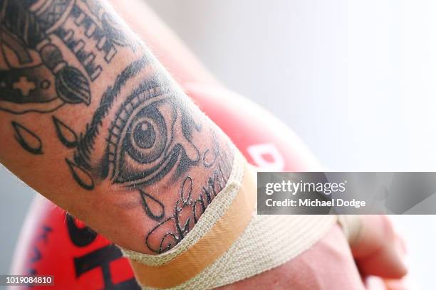 The tattoo of Ben Crocker of the Magpies is seen during the round 20 VFL match between Collingwood and Frankston at Victoria Park on August 19, 2018...