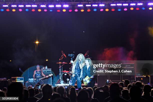 Audie Desbrow ,Mitch Malloy, Michael Lardie ,Scott Snyder, and Mark Kendall of the band Great White performs during the Kentucky State Fair at...