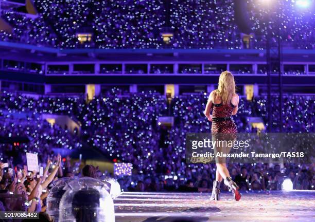 Taylor Swift performs on stage during the Taylor Swift reputation Stadium Tour at Hard Rock Stadium on August 18, 2018 in Miami, Florida.