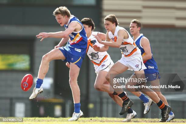 Billy Mccormack of Eastern Ranges kicks during the TAC Cup round 15 match between Eastern Ranges and Calder Cannons at Avalon Airport Oval on August...