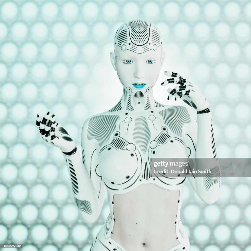 Pale white and blue female cyborg strikes pose and gestures in front of techno background