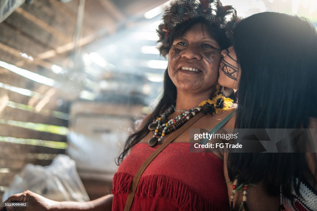 Indigenous Brazilian Mother and Daughter Portrait, from Tupi Guarani Ethnicity, in a Hut