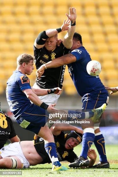 James OÕReilly of Wellington attem,pts to block the kick of Josh Renton of Otago during the round one Mitre 10 Cup match between Wellington and Otago...