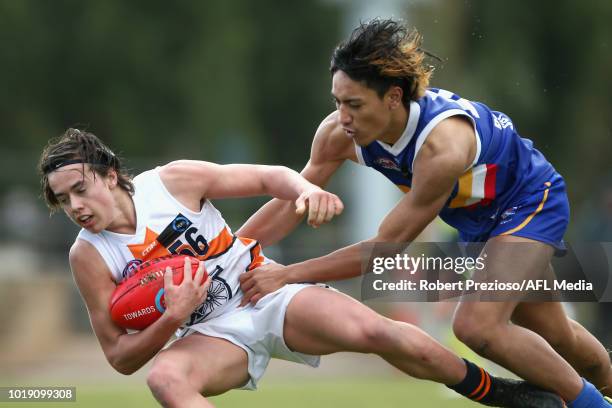 Curtis Brown of Calder Cannons marks during the TAC Cup round 15 match between Eastern Ranges and Calder Cannons at Avalon Airport Oval on August 19,...