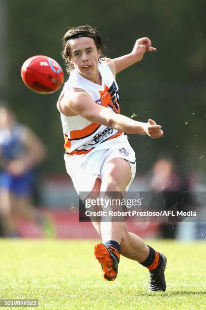 Curtis Brown of Calder Cannons kicks during the TAC Cup round 15 match between Eastern Ranges and Calder Cannons at Avalon Airport Oval on August 19,...