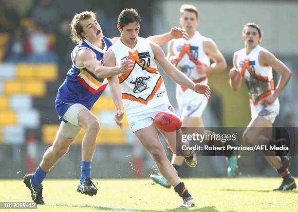 Thomas Cartwright of Calder Cannons kicks during the TAC Cup round 15 match between Eastern Ranges and Calder Cannons at Avalon Airport Oval on...