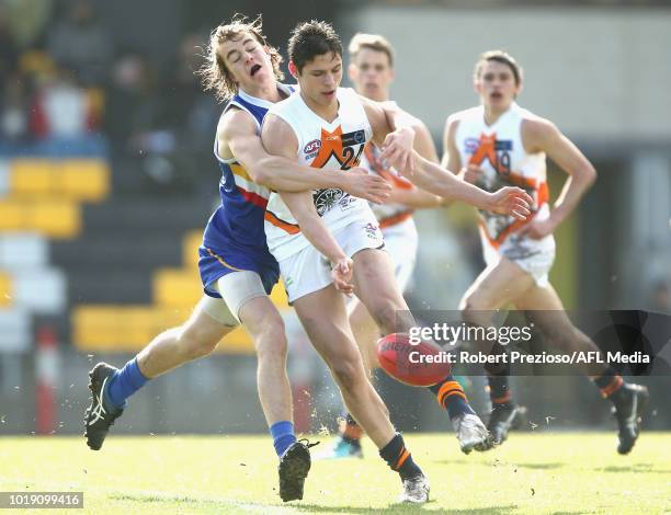 Thomas Cartwright of Calder Cannons kicks during the TAC Cup round 15 match between Eastern Ranges and Calder Cannons at Avalon Airport Oval on...