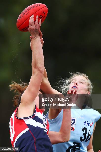 Celine Moody of the Blues taps the ball during the VFLW round 15 match between Darebin and Carlton at Bill Lawry Oval on August 19, 2018 in...