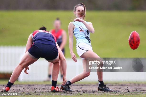 Georgia Gee of the Blues kicks the ball during the VFLW round 15 match between Darebin and Carlton at Bill Lawry Oval on August 19, 2018 in...