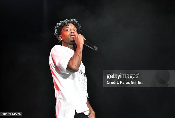 Rapper 21 Savage performs onstage during StreetzFest 2K18 at Cellairis Amphitheatre at Lakewood on August 18, 2018 in Atlanta, Georgia.