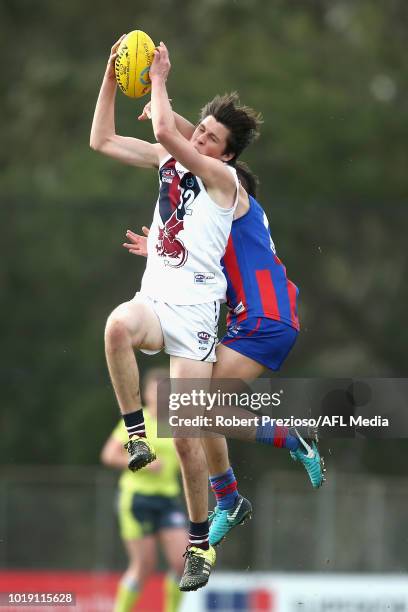 Darcy Chirgwin of Sandringham Dragons marks during the TAC Cup round 15 match between Oakleigh Chargers and Sandringham Dragons at Avalon Airport...