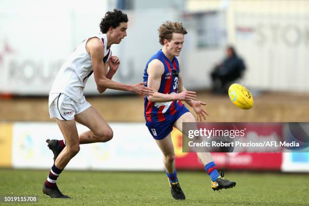 William Golds of Oakleigh Chargers kicks during the TAC Cup round 15 match between Oakleigh Chargers and Sandringham Dragons at Avalon Airport Oval...