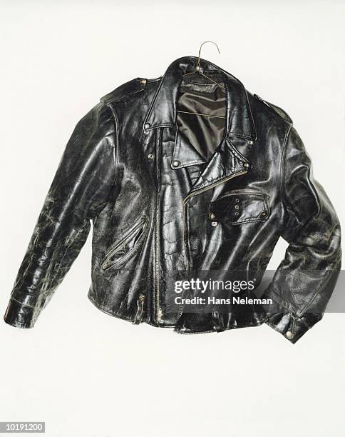 weatherbeaten black leather jacket - biker jacket stock pictures, royalty-free photos & images