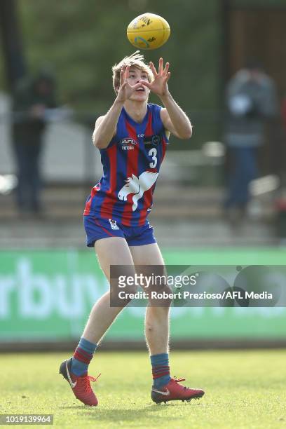 Joseph Ayton-Delaney of Oakleigh Chargers marks during the TAC Cup round 15 match between Oakleigh Chargers and Sandringham Dragons at Avalon Airport...
