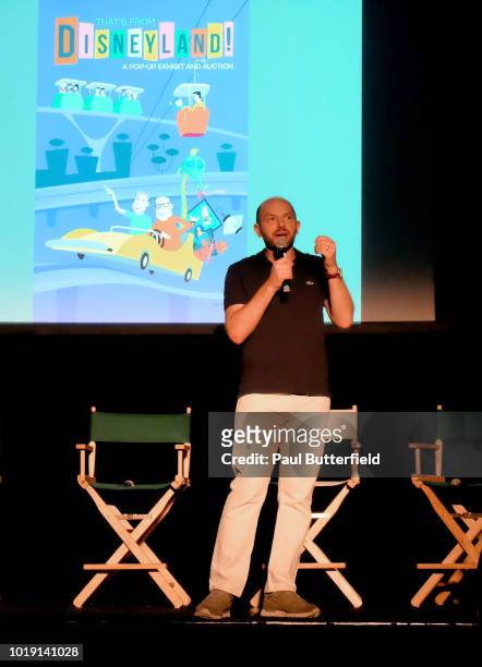 Host Paul Scheer speaks onstage at Hanging Out With Paul Scheer: Disney Edition during the "That's From Disneyland" exhibit at Van Eaton Galleries on...