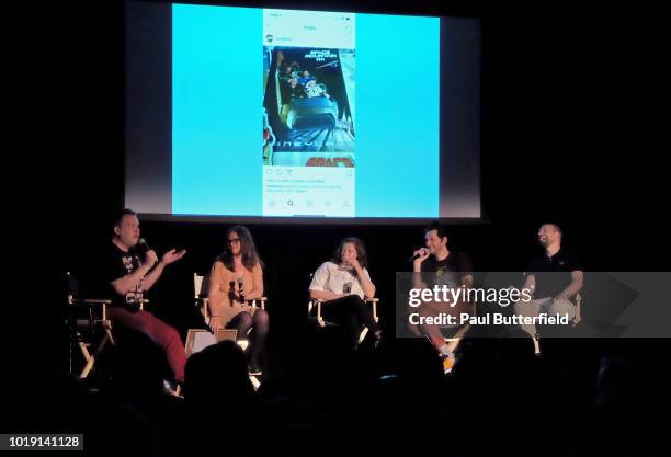 Actors Jeff Garlin, MAD Magazine editor Allie Goertz, actors Rachel Bloom, Ben Schwartz, and host Paul Scheer speak onstage at Hanging Out With Paul...