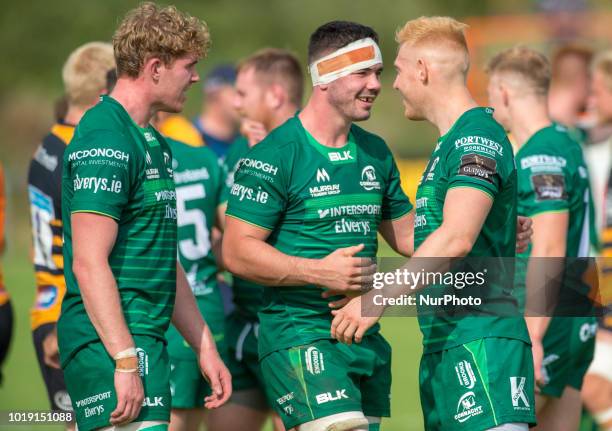 Connacht rugby players celebrate after the Pre Season friendly match between Connacht Rugby and Wasps at Dubarry Park in Athlone, Ireland on August...