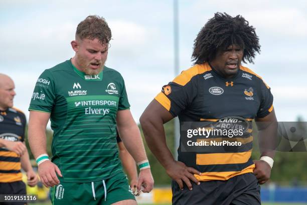 Finlay Bealham of Connacht and Ashley Johnson of Wasps during the Pre Season friendly match between Connacht Rugby and Wasps at Dubarry Park in...