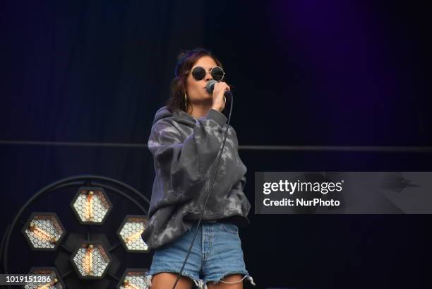 Scottish singer and songwriter Nina Nesbitt joins Lewis Capaldi performing on stage during day two of Rize Festival, Chelmsford on August 18, 2018.