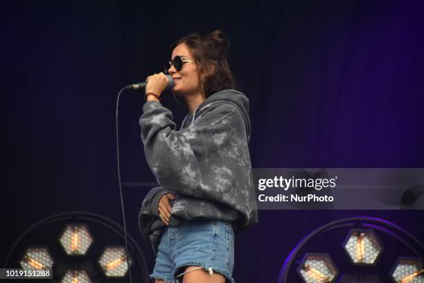 Scottish singer and songwriter Nina Nesbitt joins Lewis Capaldi performing on stage during day two of Rize Festival, Chelmsford on August 18, 2018.