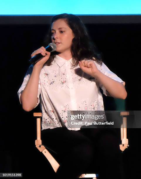 Actor Rachel Bloom speaks onstage at Hanging Out With Paul Scheer: Disney Edition during the "That's From Disneyland" exhibit at Van Eaton Galleries...