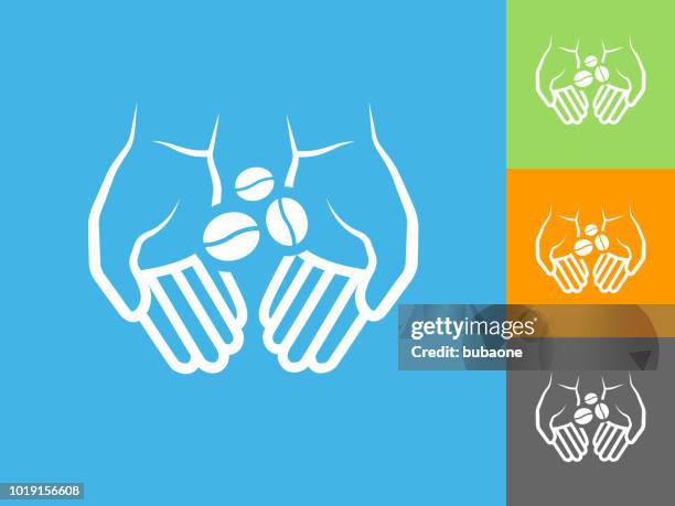 holding coffee beans flat icon on blue background - hand coffee bean stock illustrations