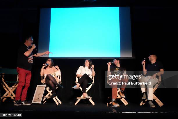 Actors Jeff Garlin, MAD Magazine editor Allie Goertz, actors Rachel Bloom, Ben Schwartz, and host Paul Scheer speak onstage at Hanging Out With Paul...