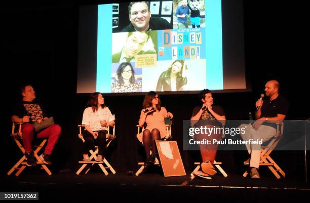 Actors Jeff Garlin, Rachel Bloom, MAD Magazine editor Allie Goertz, actor Ben Schwartz, and host Paul Scheer speak onstage at Hanging Out With Paul...