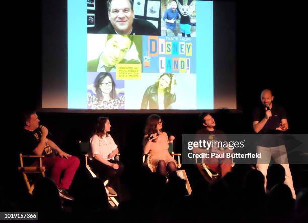 Actors Jeff Garlin, Rachel Bloom, MAD Magazine editor Allie Goertz, actor Ben Schwartz, and host Paul Scheer speak onstage at Hanging Out With Paul...