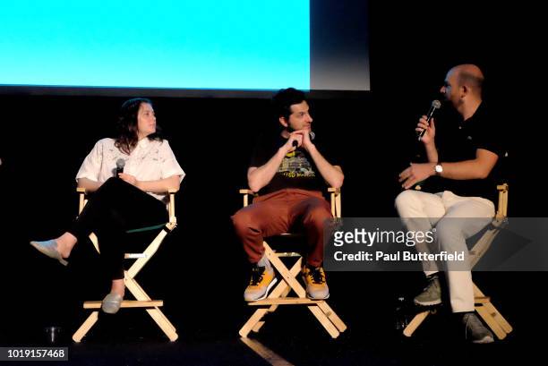 Actors Rachel Bloom, Ben Schwartz, and host Paul Scheer speak onstage at Hanging Out With Paul Scheer: Disney Edition during the "That's From...