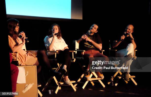 Magazine editor Allie Goertz, actors Rachel Bloom, Ben Schwartz, and host Paul Scheer speak onstage at Hanging Out With Paul Scheer: Disney Edition...