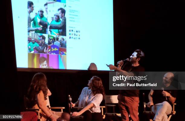 Magazine editor Allie Goertz, actors Rachel Bloom, Ben Schwartz, and host Paul Scheer speak onstage at Hanging Out With Paul Scheer: Disney Edition...