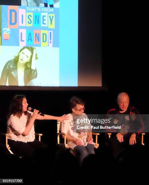 Actor Rachel Bloom, with her parents Shelli Bloom and Alan Bloom, speak onstage at Hanging Out With Paul Scheer: Disney Edition during the "That's...