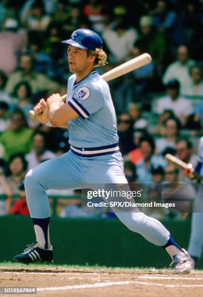 George Brett, of the Kansas City Royals at bat during a game from his 1975 season with the Kansas City Royals. George Brett played for 21 years all...