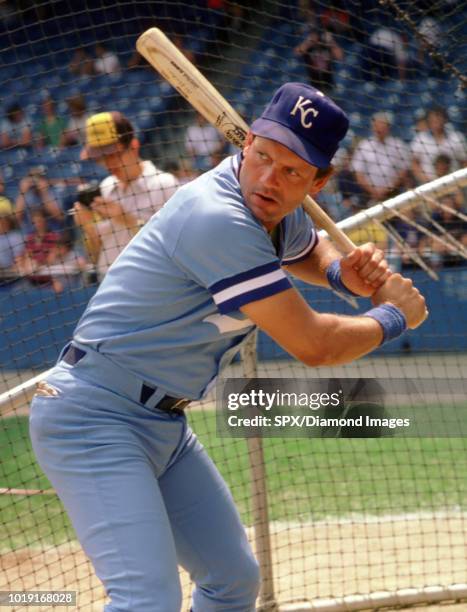 George Brett, of the Kansas City Royals in the batting cage before a game from his 1984 season with the Kansas City Royals. George Brett played for...