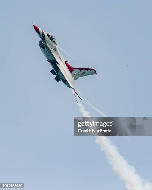 The U.S. Air Force Thunderbirds perform during the 60th anniversary of the Chicago Air and Water Show in Chicago, IL on August 18, 2018.