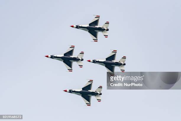 The U.S. Air Force Thunderbirds perform during the 60th anniversary of the Chicago Air and Water Show in Chicago, IL on August 18, 2018.