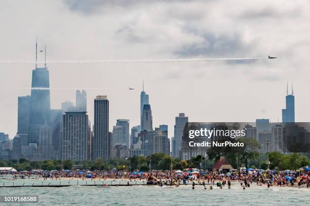 The U.S. Air Force Thunderbirds perform during the 60th anniversary of the Chicago Air and Water Show in Chicago, IL on August 18, 2018.