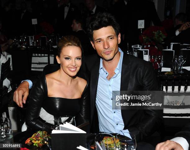 Singer Kylie Minogue and Andres Velencoso Segura attends the 2010 amfAR New York Inspiration Gala at The New York Public Library on June 3, 2010 in...